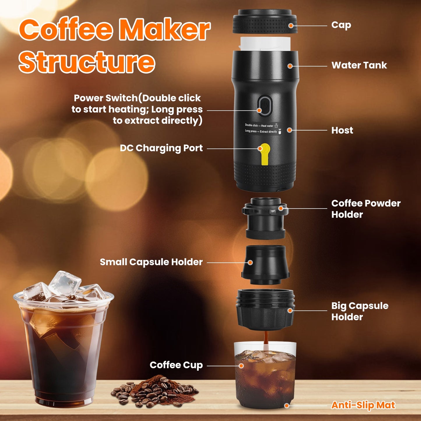 Portable Cordless Electric Espresso Machine – Self-Heating Coffee Maker with Anti-Dry Burn