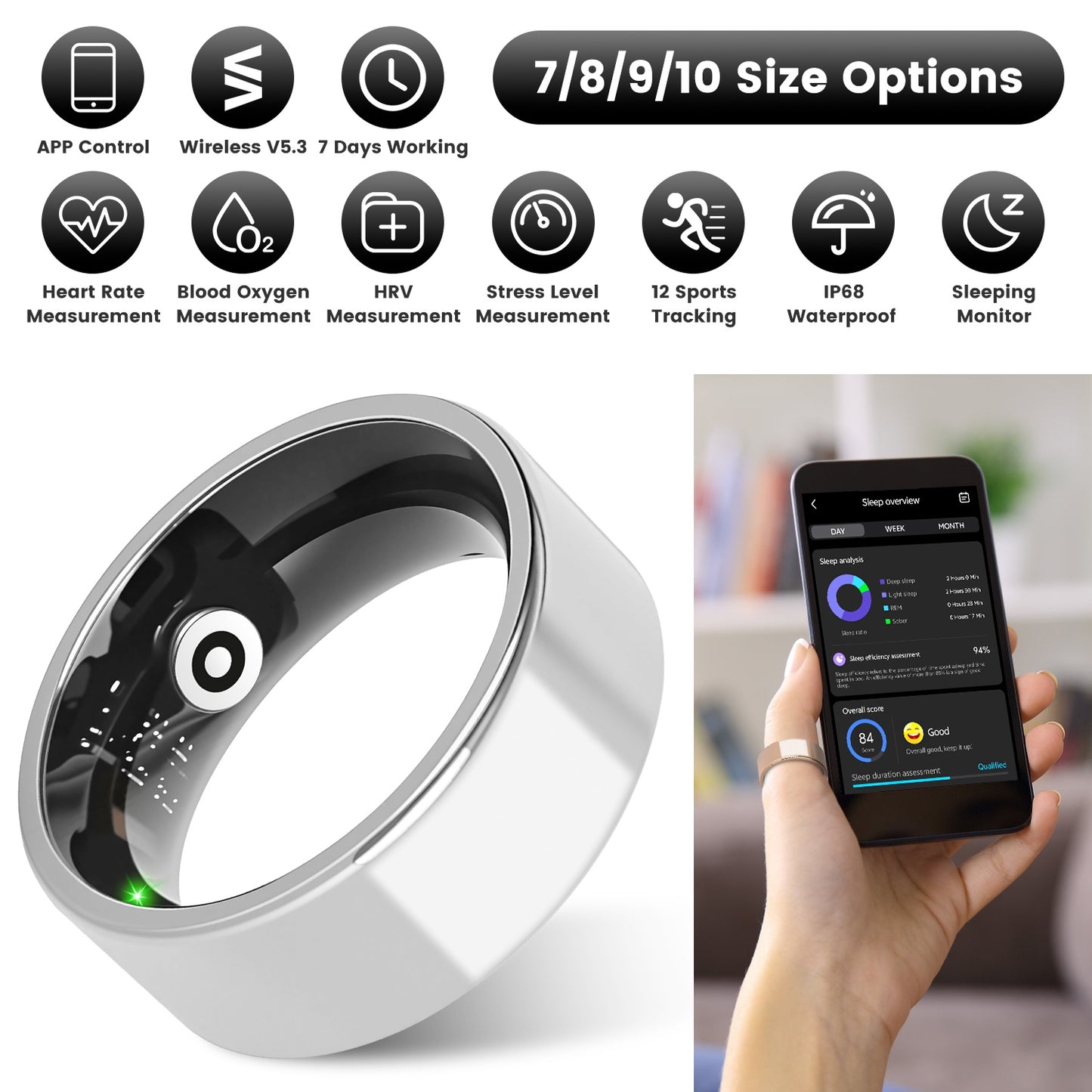 Smart Health Ring Tracker with Charging Case – Fitness, Sleep, Stress & HRV Monitor (7-Day Battery)