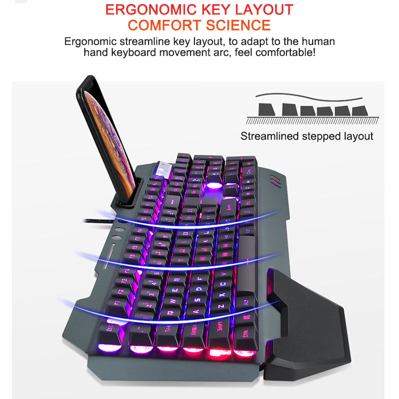 RGB Backlit Ergonomic Wired Gaming Keyboard with Built-in Phone Holder