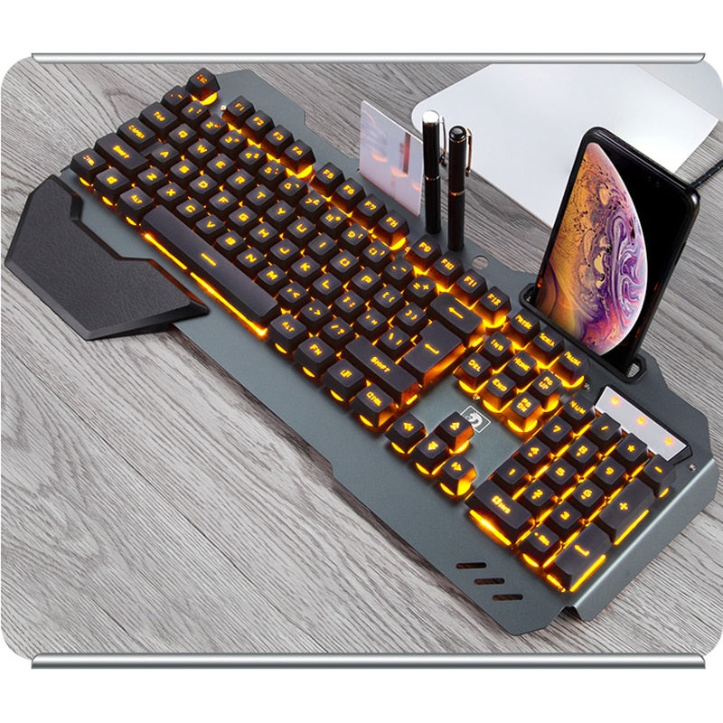 RGB Backlit Ergonomic Wired Gaming Keyboard with Built-in Phone Holder