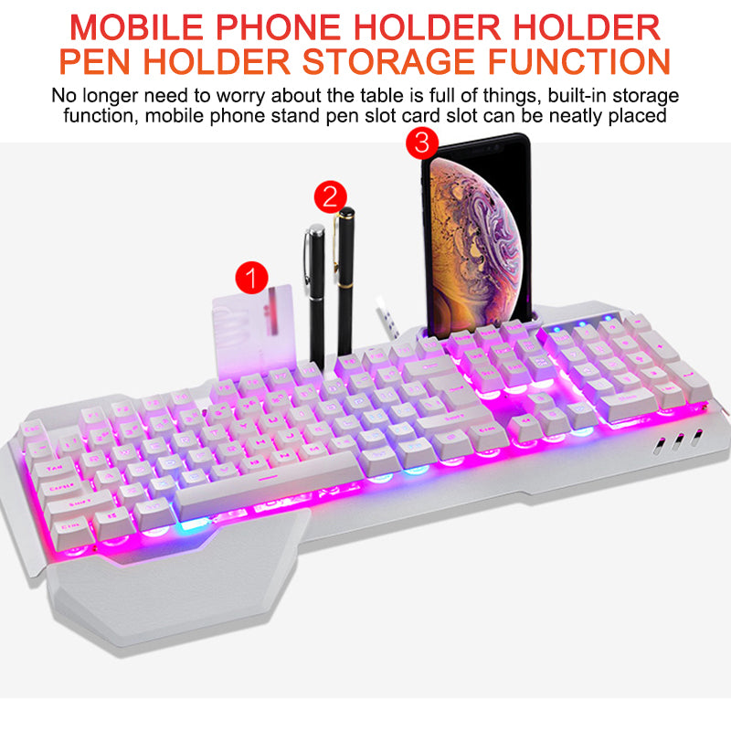 RGB Backlit Ergonomic Wired Gaming Keyboard with Built-in Phone Holder
