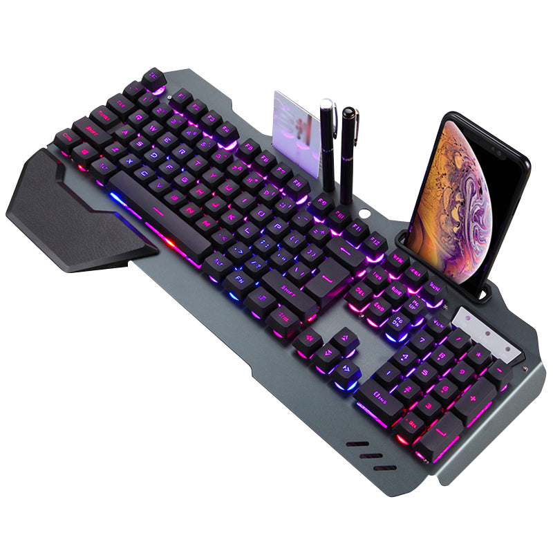 RGB Backlit Ergonomic Wired Gaming Keyboard with Built-in Phone Holder
