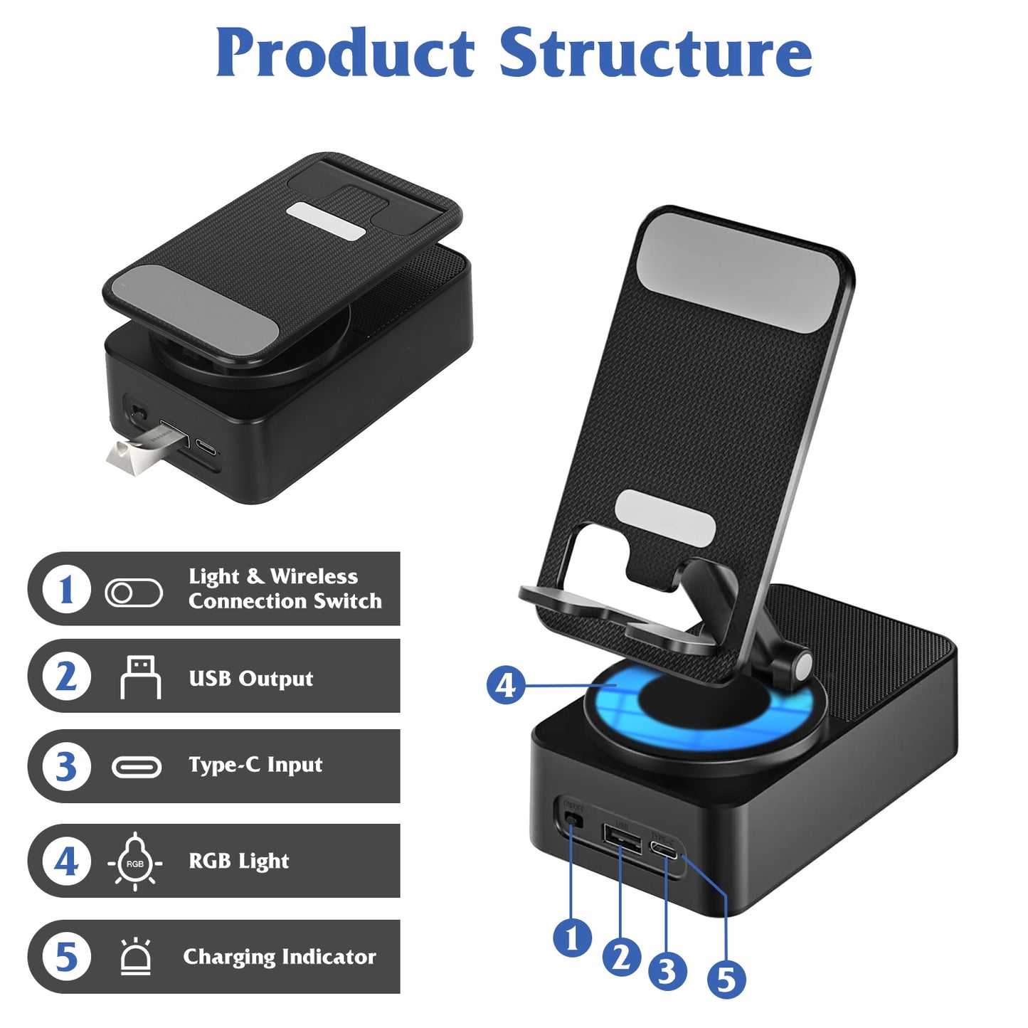 4-in-1 Foldable Wireless Speaker Phone Stand with 5000mAh Power Bank – 360° Rotatable