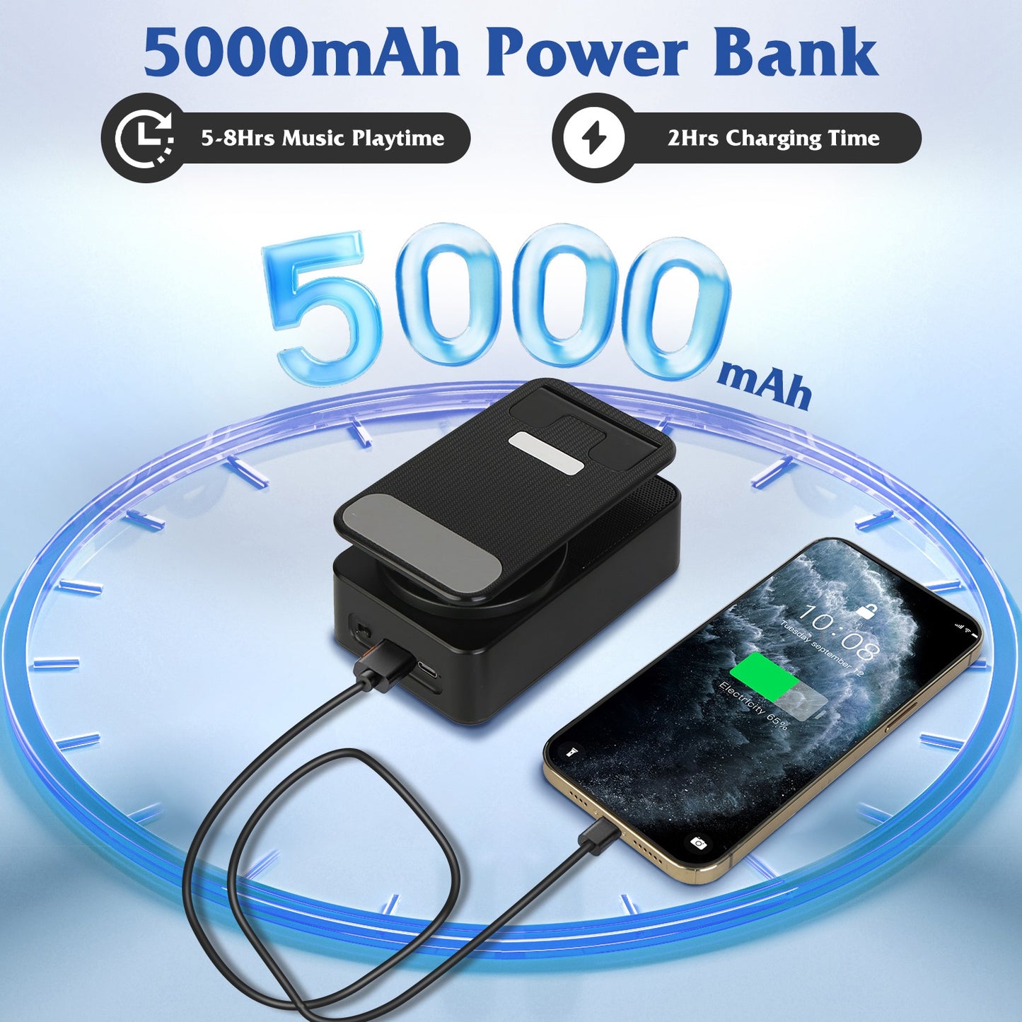 4-in-1 Foldable Wireless Speaker Phone Stand with 5000mAh Power Bank – 360° Rotatable