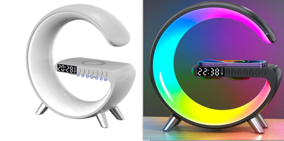 G-Shaped LED Atmosphere Lamp with Bluetooth Speaker & Wireless Charger – Smart App Controlled