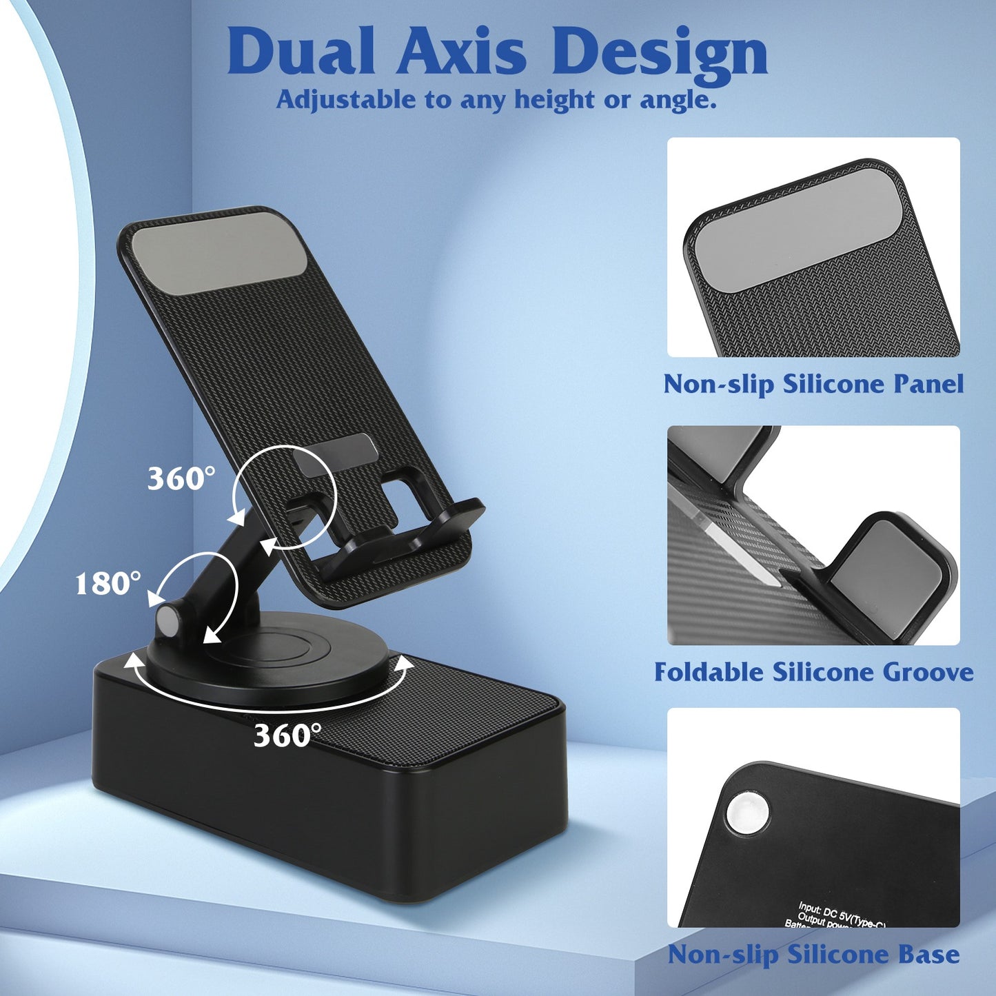 4-in-1 Foldable Wireless Speaker Phone Stand with 5000mAh Power Bank – 360° Rotatable